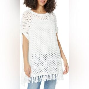 Tommy Bahama Linen/Cotton Blend Open Knit Beach Poncho Sweater - White - S/M